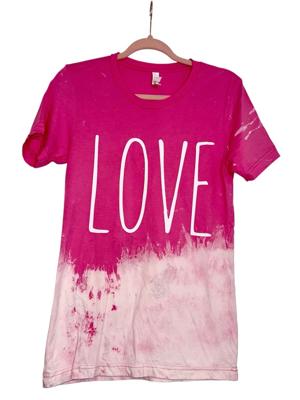 pink & white, bleached, dip-dyed, ombre “LOVE” design, crew neck, soft style tee